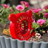 Hoornaarsval, liggend tussen bloemen in bloempot.
